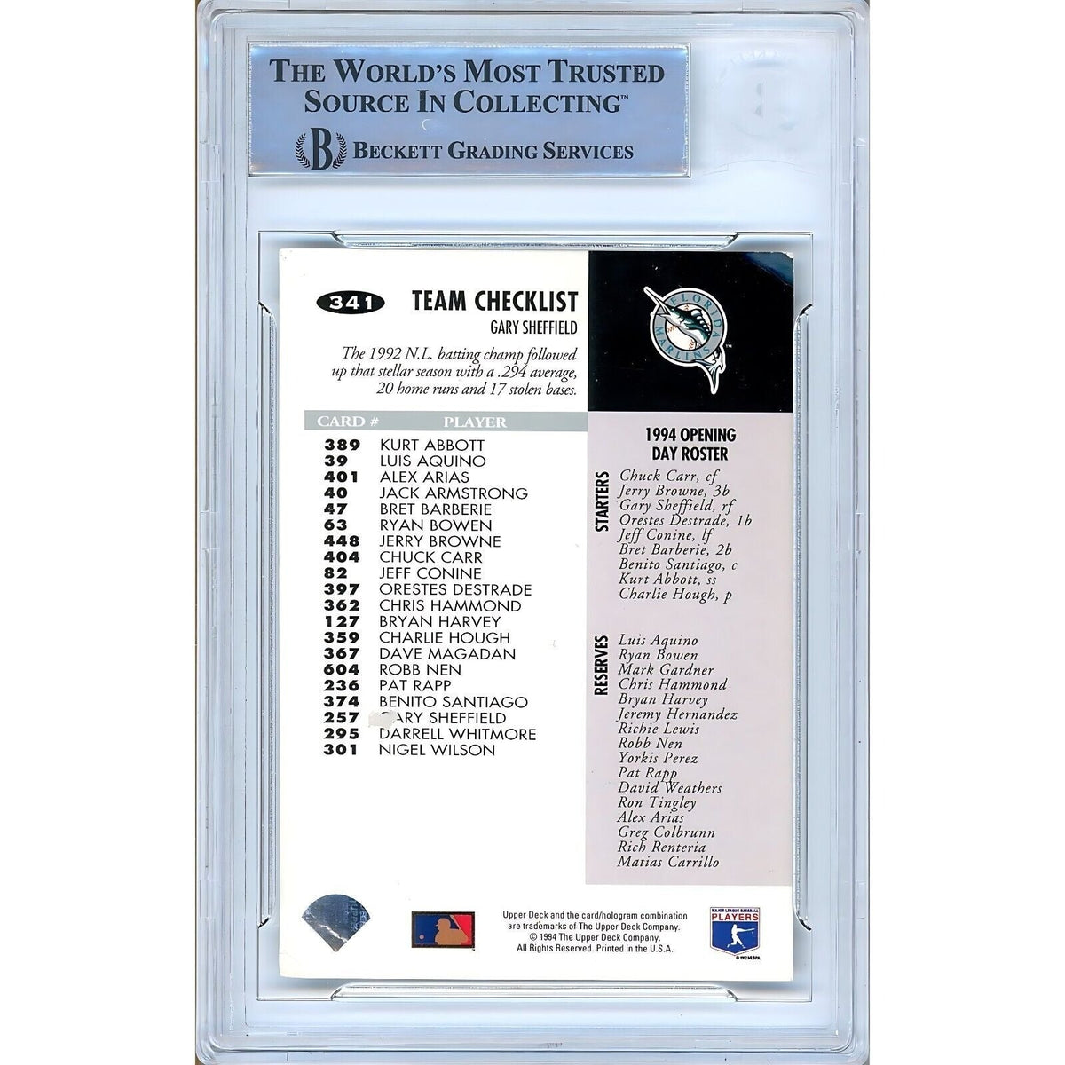 Gary Sheffield Collectors Choice Autograph Trading Card Beckett BAS