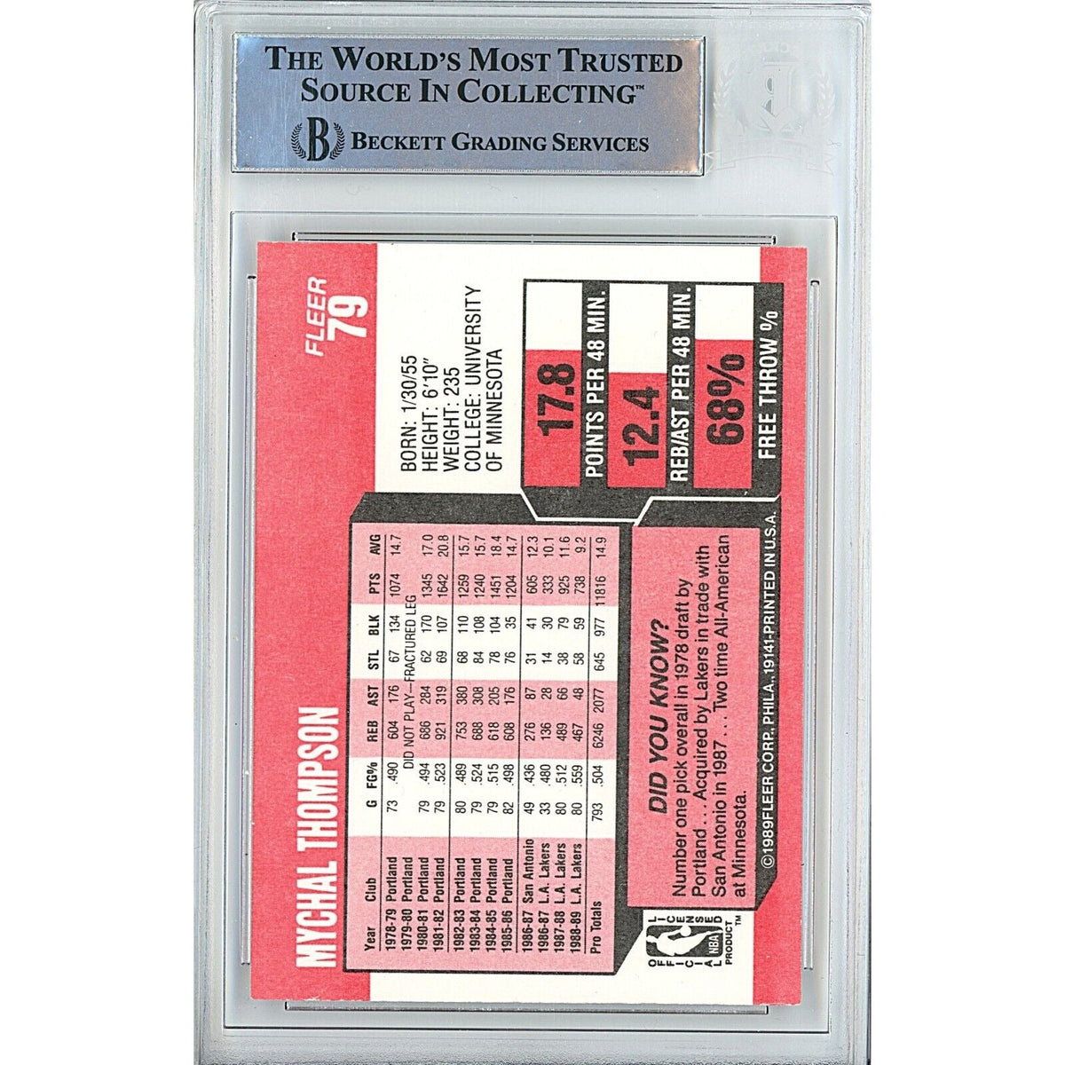 Mychal Thompson Los Angeles Lakers Autograph Trading Card Beckett BAS
