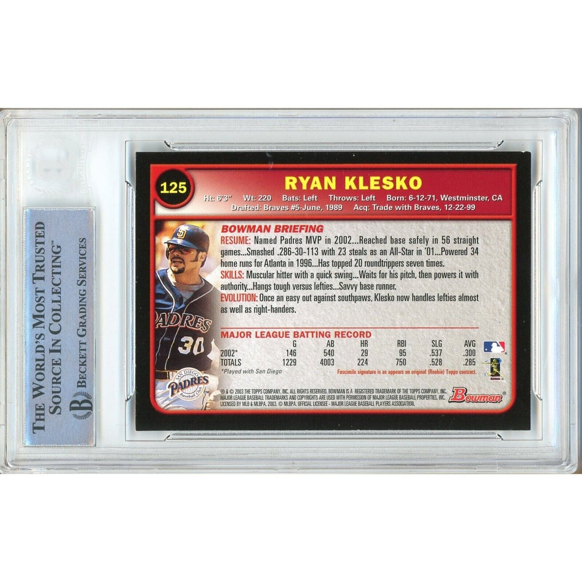 Ryan Klesko San Diego Padres Signed Trading Card Beckett BAS