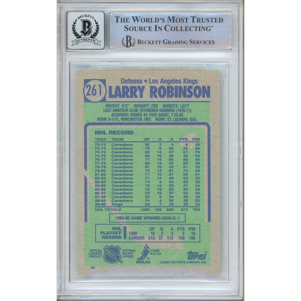 Larry Robinson Los Angeles Kings Signed Trading Card Beckett BGS
