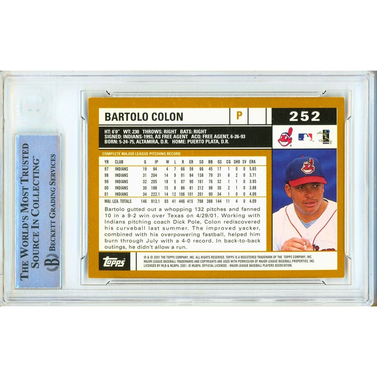Bartolo Colon Cleveland Indians Autographed Signed Trading Card Beckett BAS