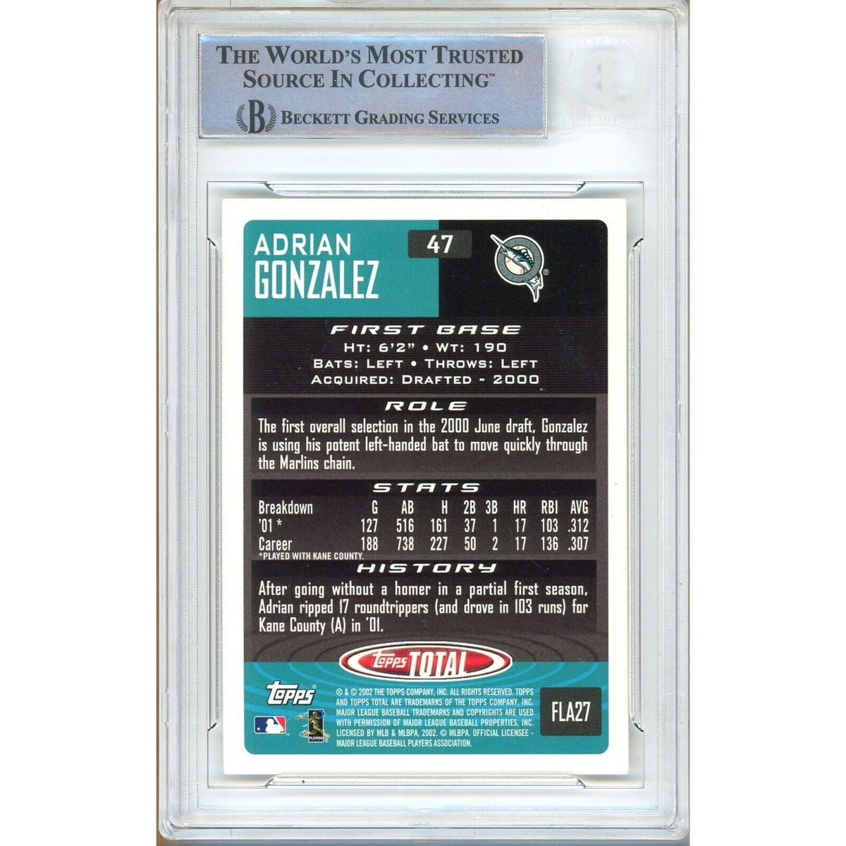 Adrian Gonzalez Topps Total Signed Trading Card Beckett BAS