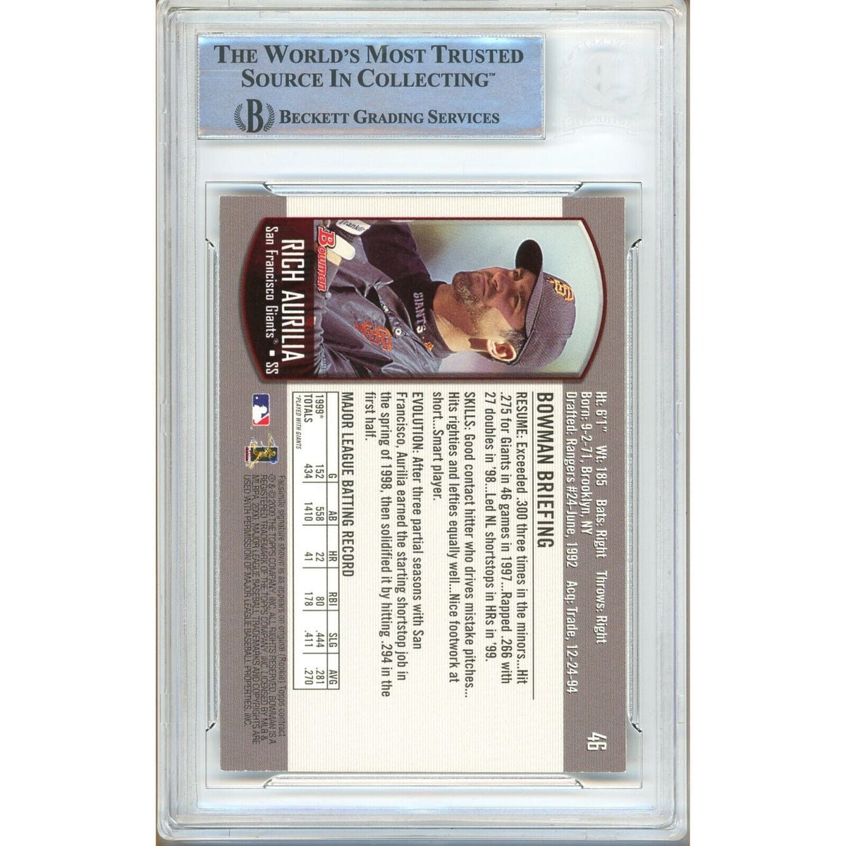 Rich Aurilia San Francisco Giants Autograph Trading Card Beckett BAS
