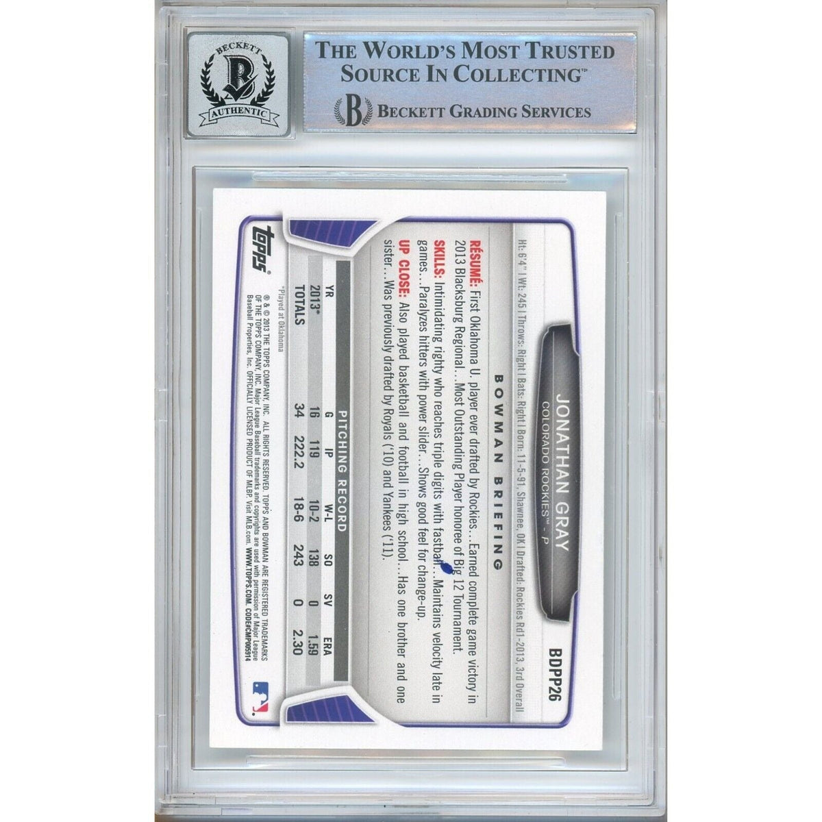 Jon Gray Bowman Draft Picks Autograph Trading Card Beckett BGS