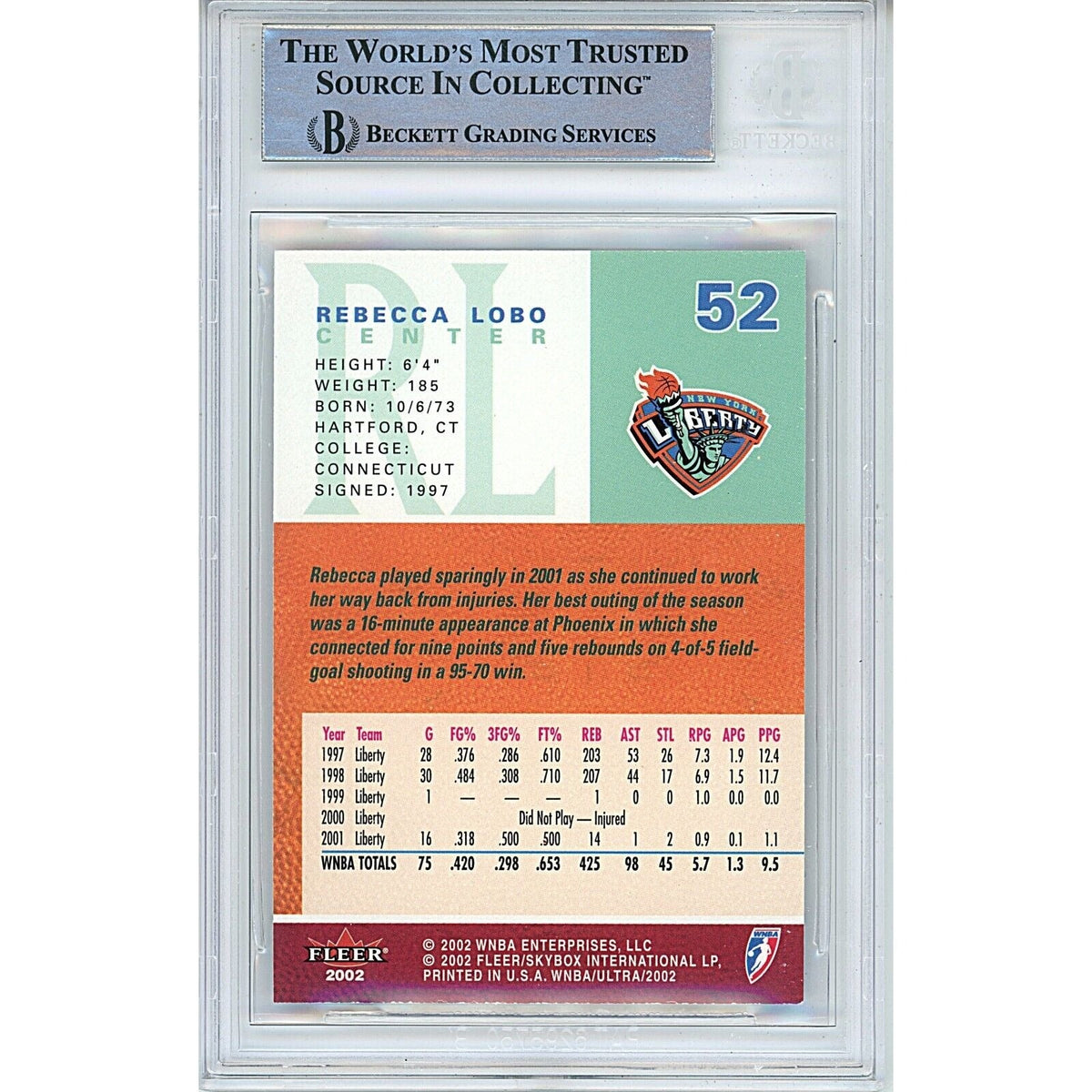 Rebecca Lobo New York Liberty Signed Trading Card Beckett BAS