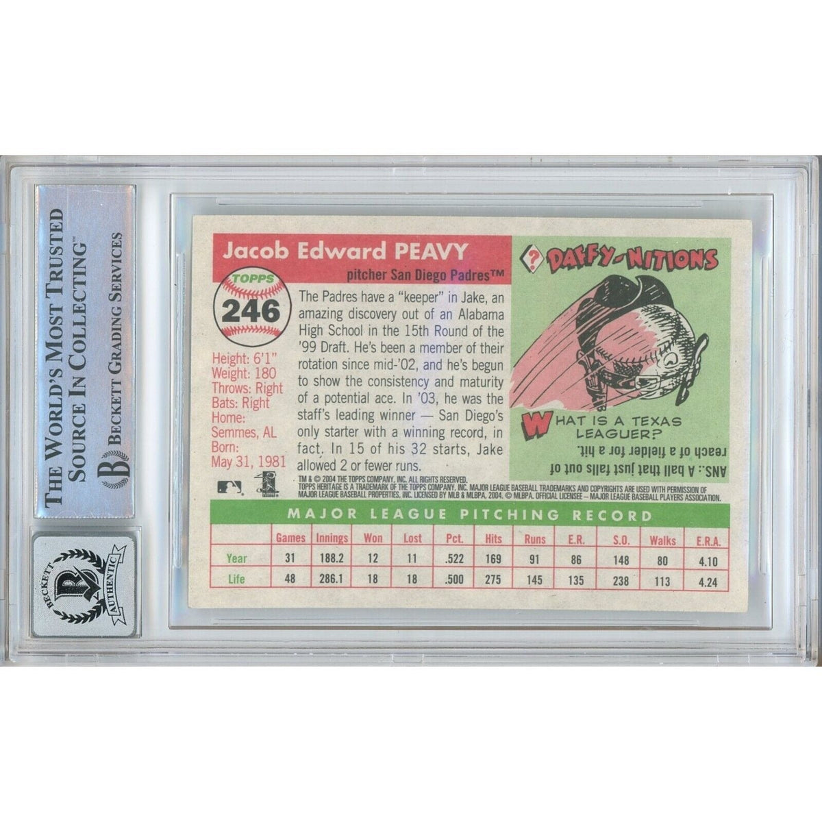 Jake Peavy Topps Heritage Autograph Trading Card Beckett BGS