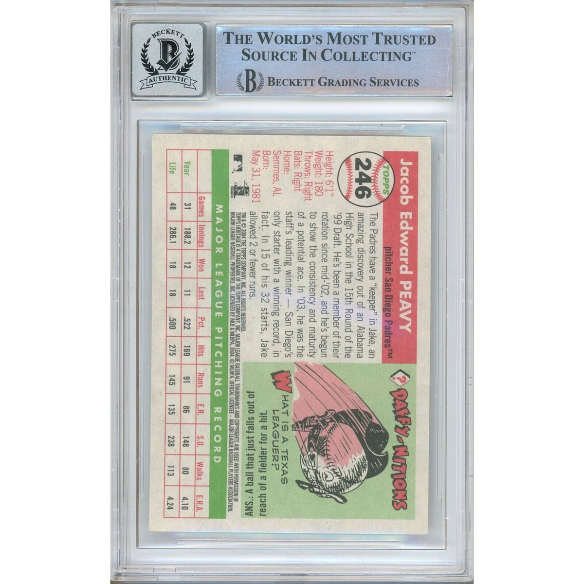 Jake Peavy Topps Heritage Auto Trading Card Beckett BGS