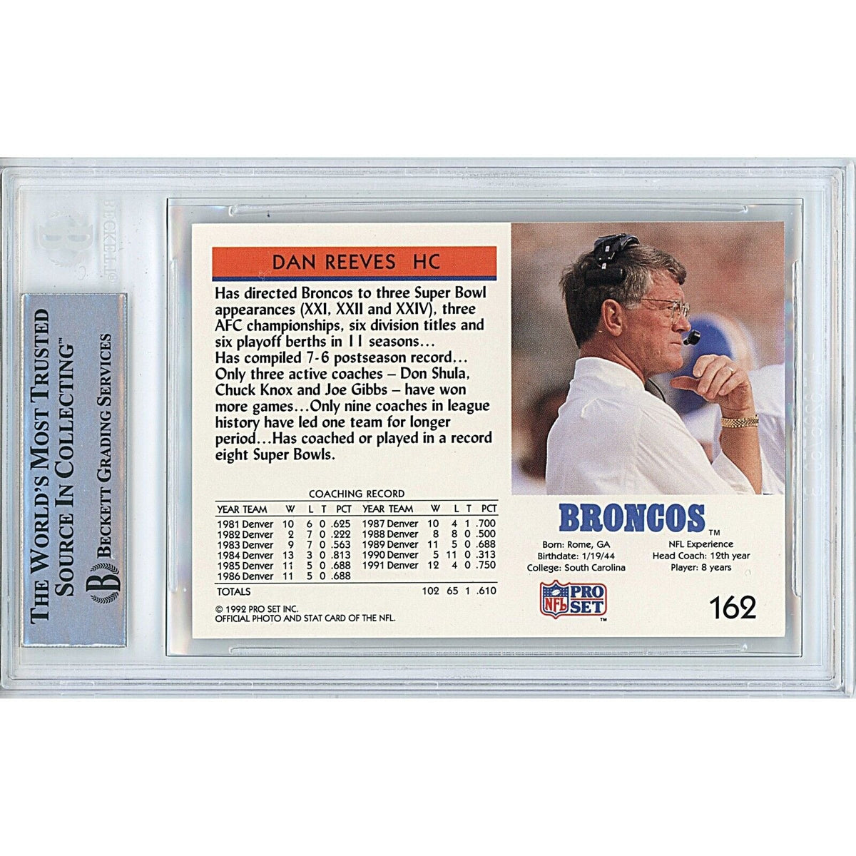 Dan Reeves Pro Set Autograph Trading Card Beckett BAS