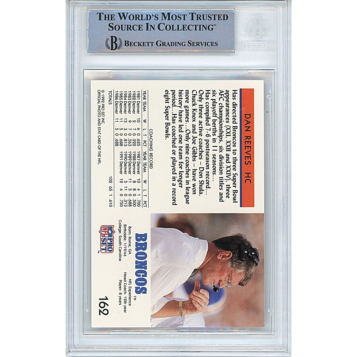 Dan Reeves Pro Set Auto Trading Card Beckett BAS