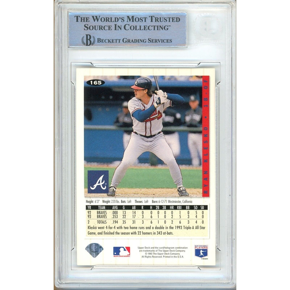Ryan Klesko Atlanta Braves Signed Trading Card Beckett BAS