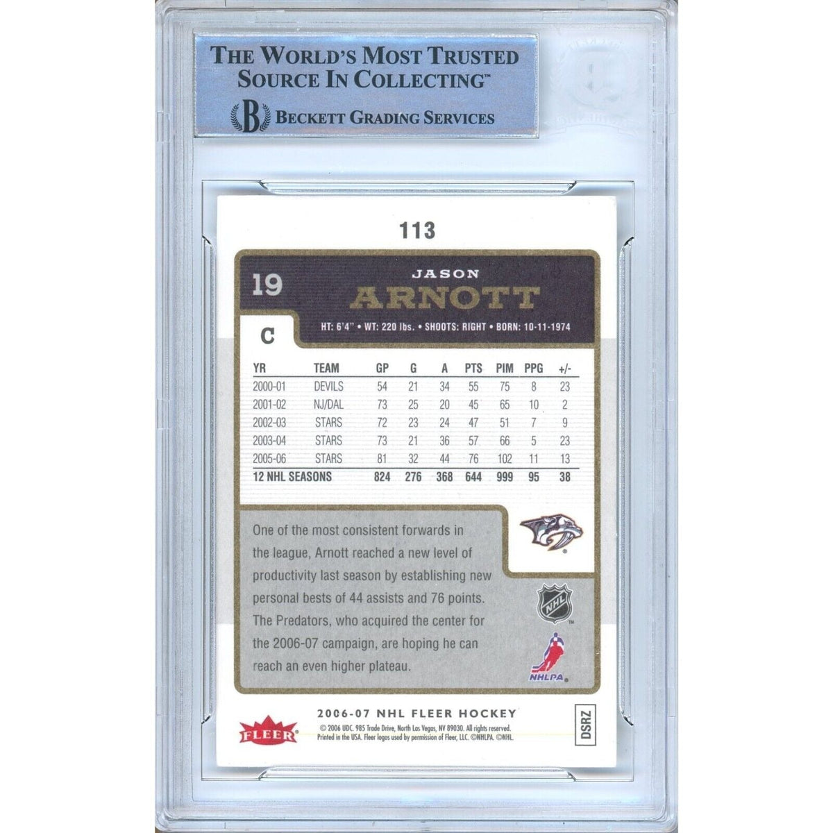 Jason Arnott Nashville Predators Autographed Signed Trading Card Beckett BAS