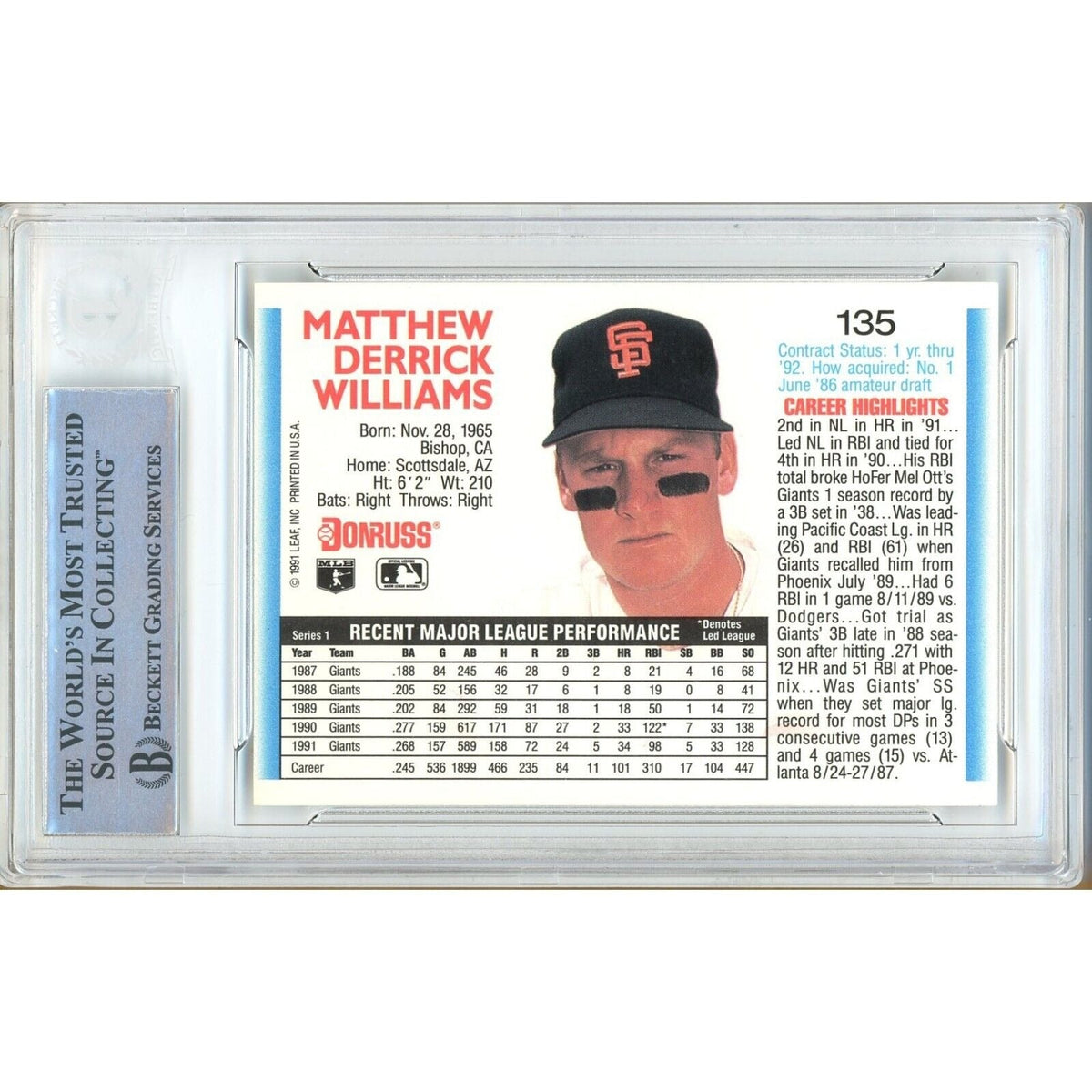Matt Williams San Francisco Giants Signed Trading Card Beckett BAS