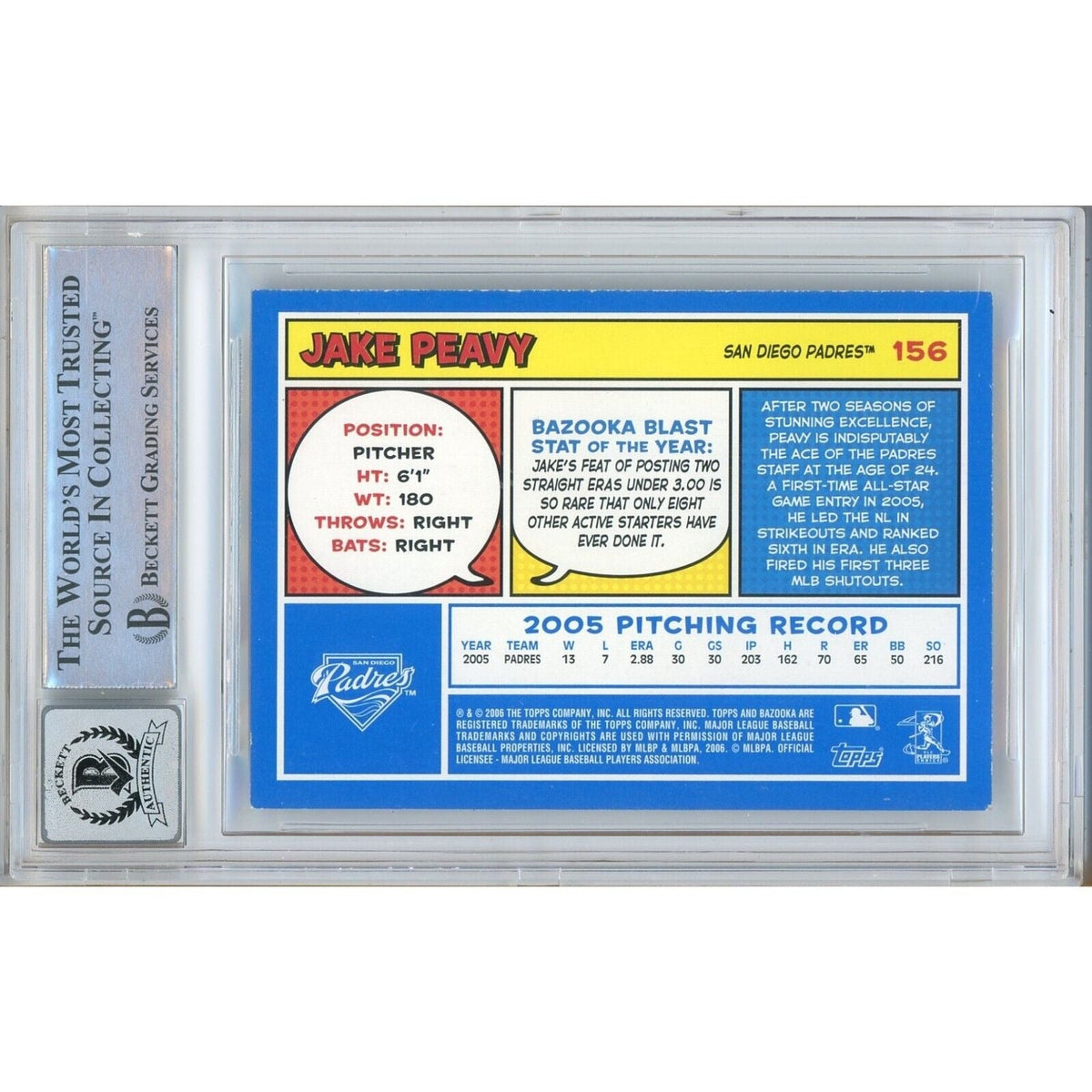 Jake Peavy Bazooka Blue Fortune Signed Trading Card Beckett BGS