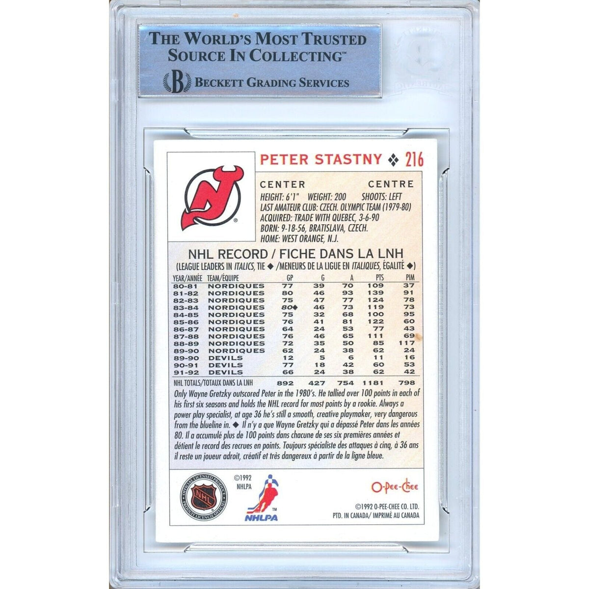 Peter Stastny New Jersey Devils Signed Trading Card Beckett BAS