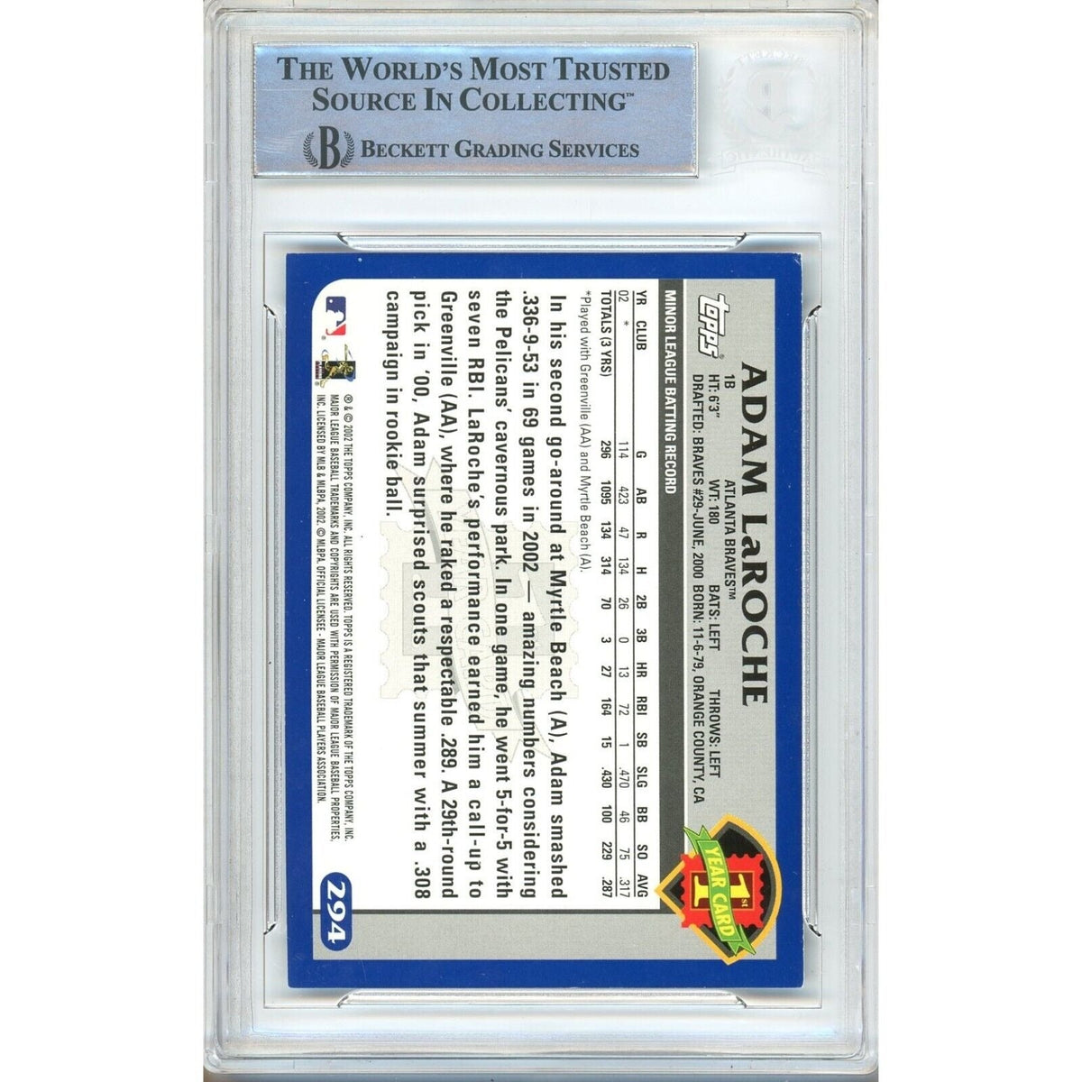 Adam Laroche Atlanta Braves Autographed Autograph Trading Card Beckett BAS