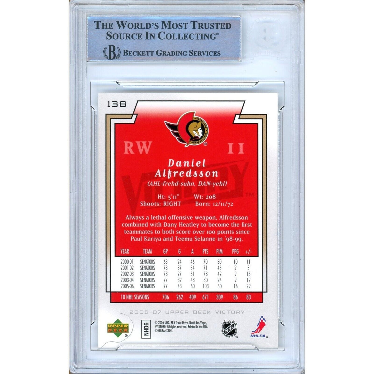 Daniel Alfredsson Upper Deck Victory Signed Trading Card Beckett BGS