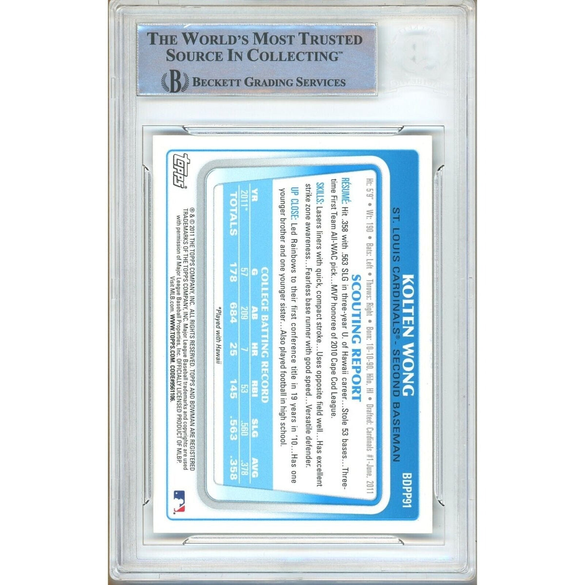 Kolten Wong Bowman Draft Prospects Autograph Trading Card Beckett BGS