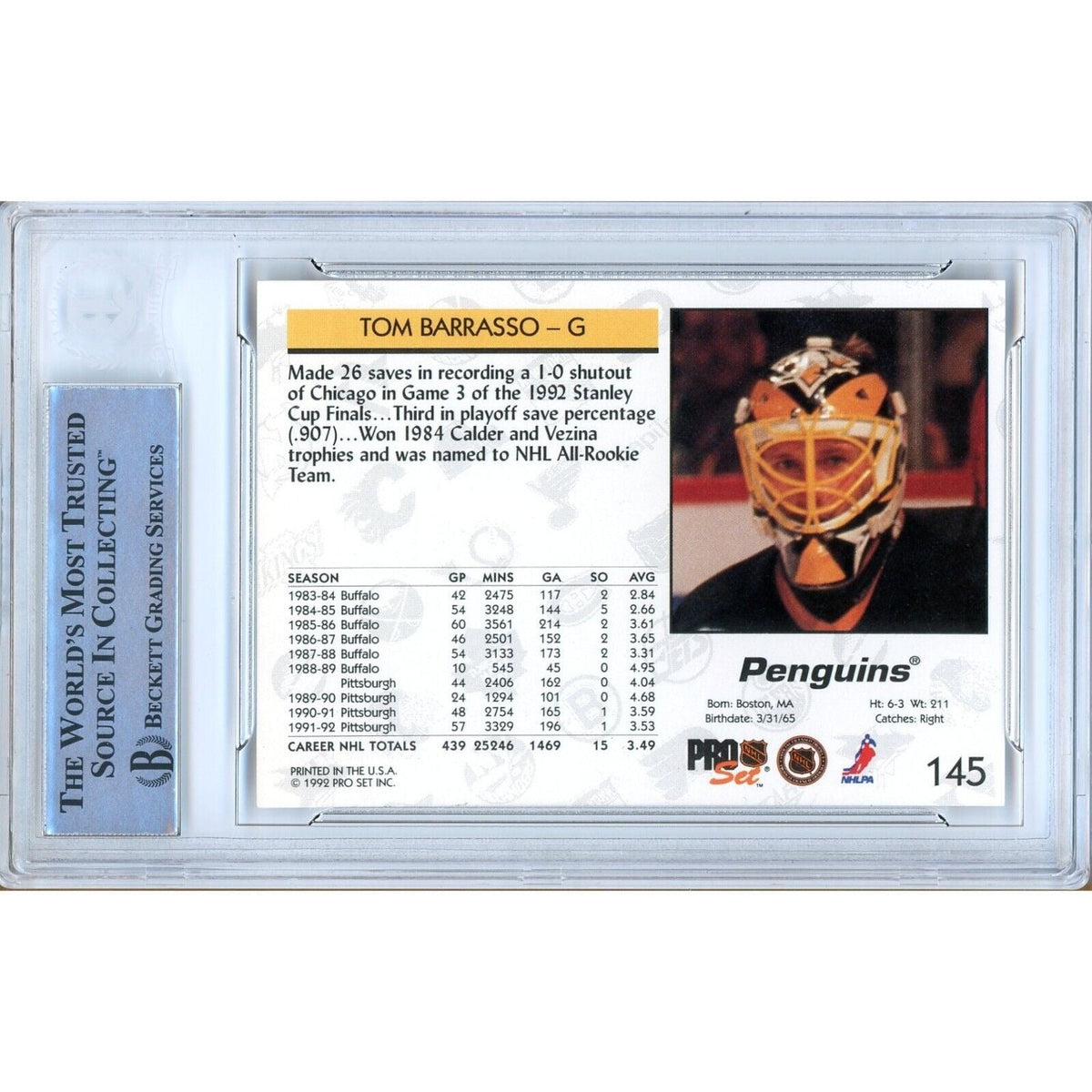 Tom Barrasso Pittsburgh Penguins Signed Autograph Trading Card Beckett BAS