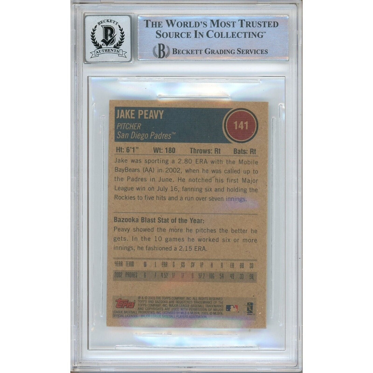 Jake Peavy Topps Bazooka Mini Signed Trading Card Beckett BGS