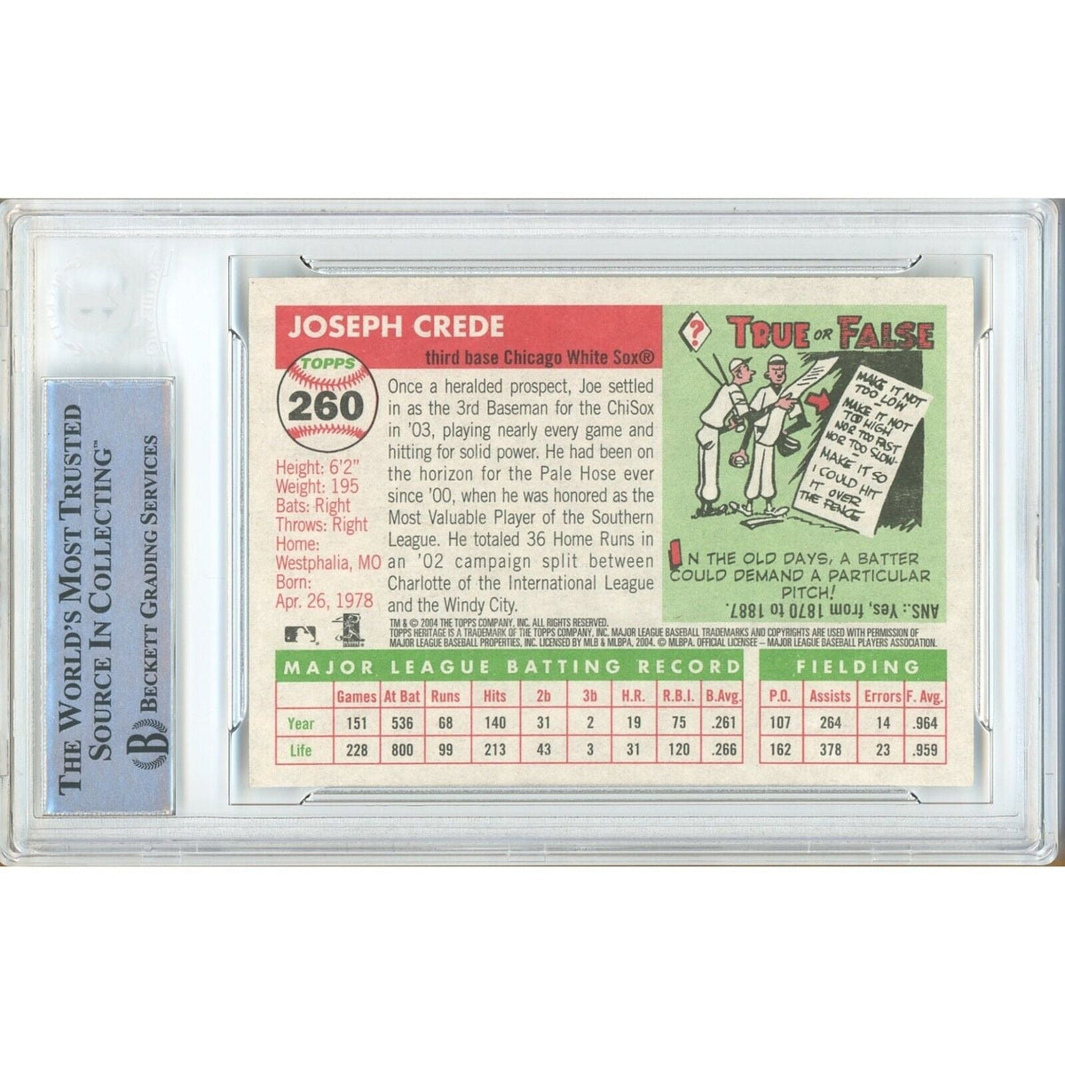 Joe Crede Chicago White Sox Autograph Trading Card Beckett BAS