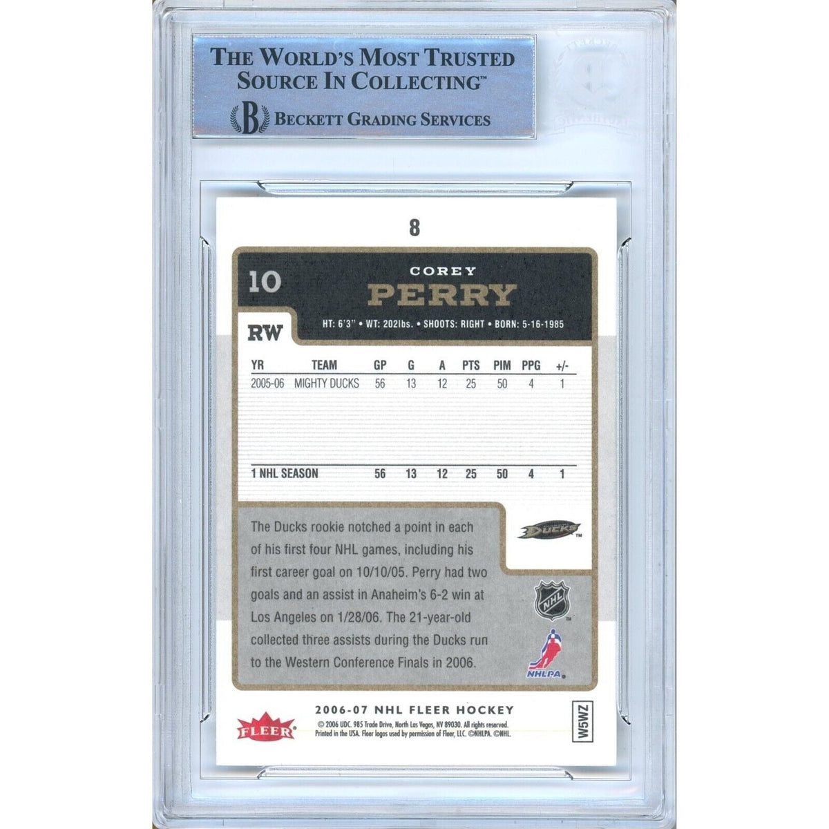 Corey Perry Anaheim Ducks Autographed Signed Trading Card Beckett BAS
