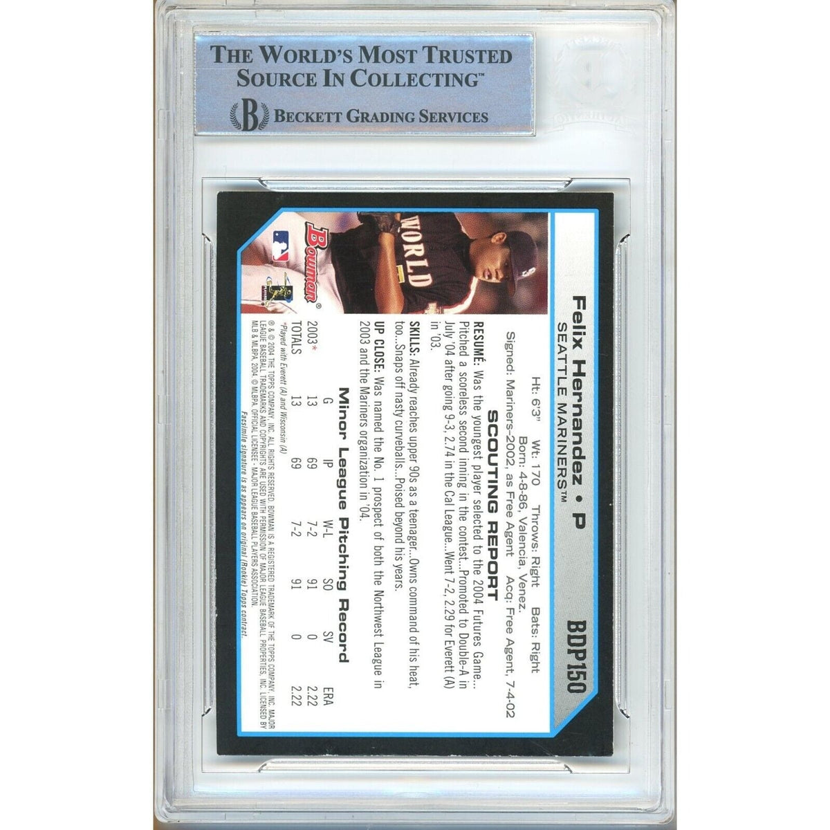Felix Hernandez Bowman Draft Picks Autograph Trading Card Beckett BAS