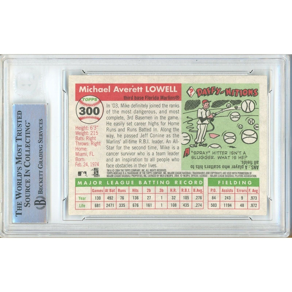 Mike Lowell Miami Marlins Signed Autograph Trading Card Beckett BAS