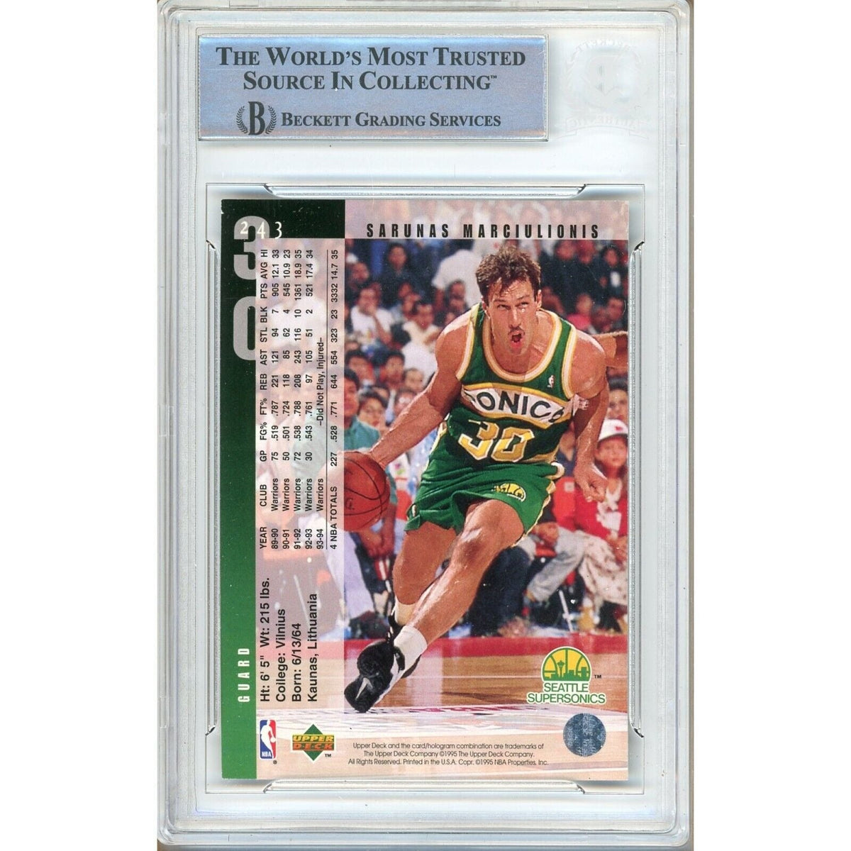 Sarunas Marciulionis Seattle Supersonics Signed Trading Card Beckett BGS
