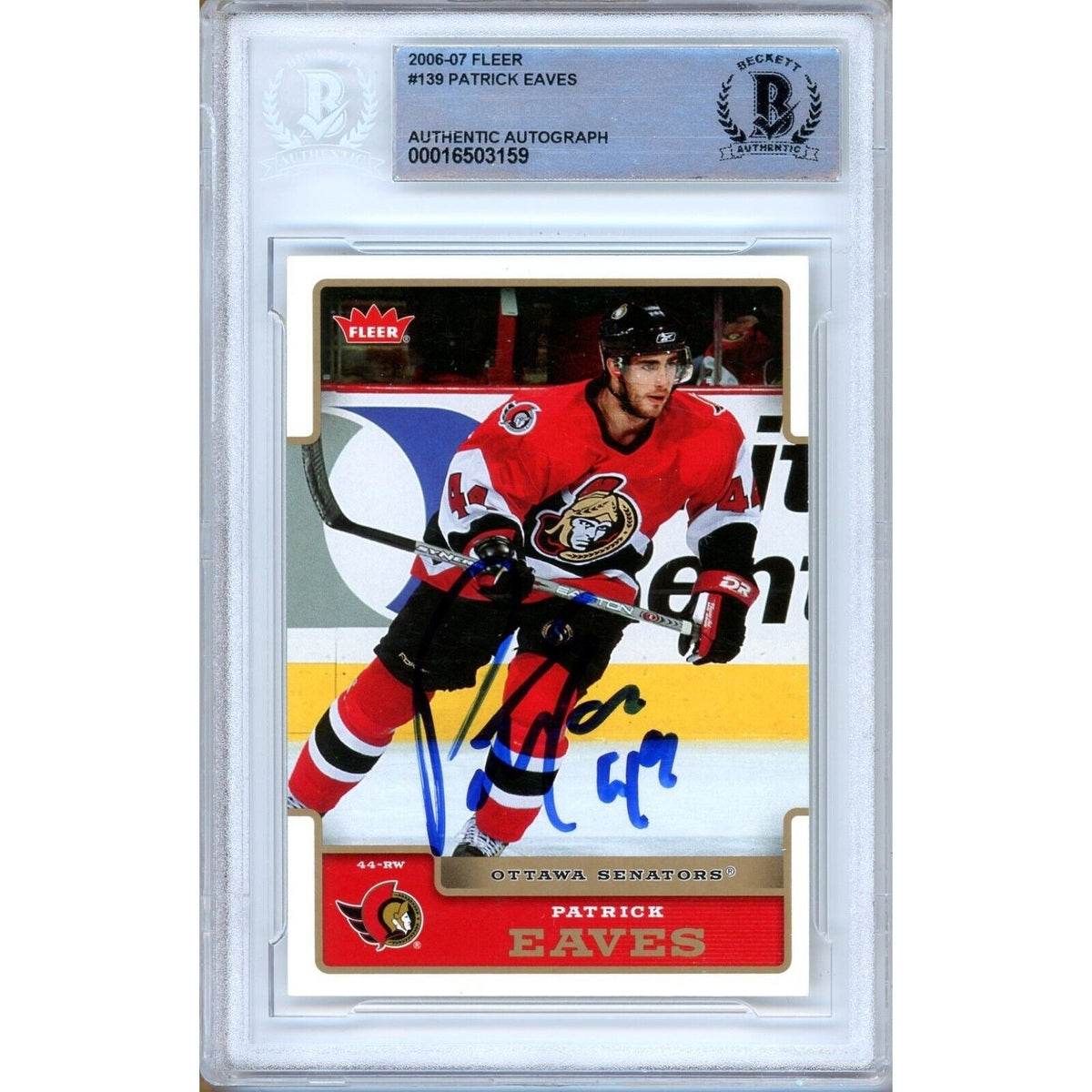 Patrick Eaves Ottawa Senators Signed Autographed Trading Card Beckett BAS