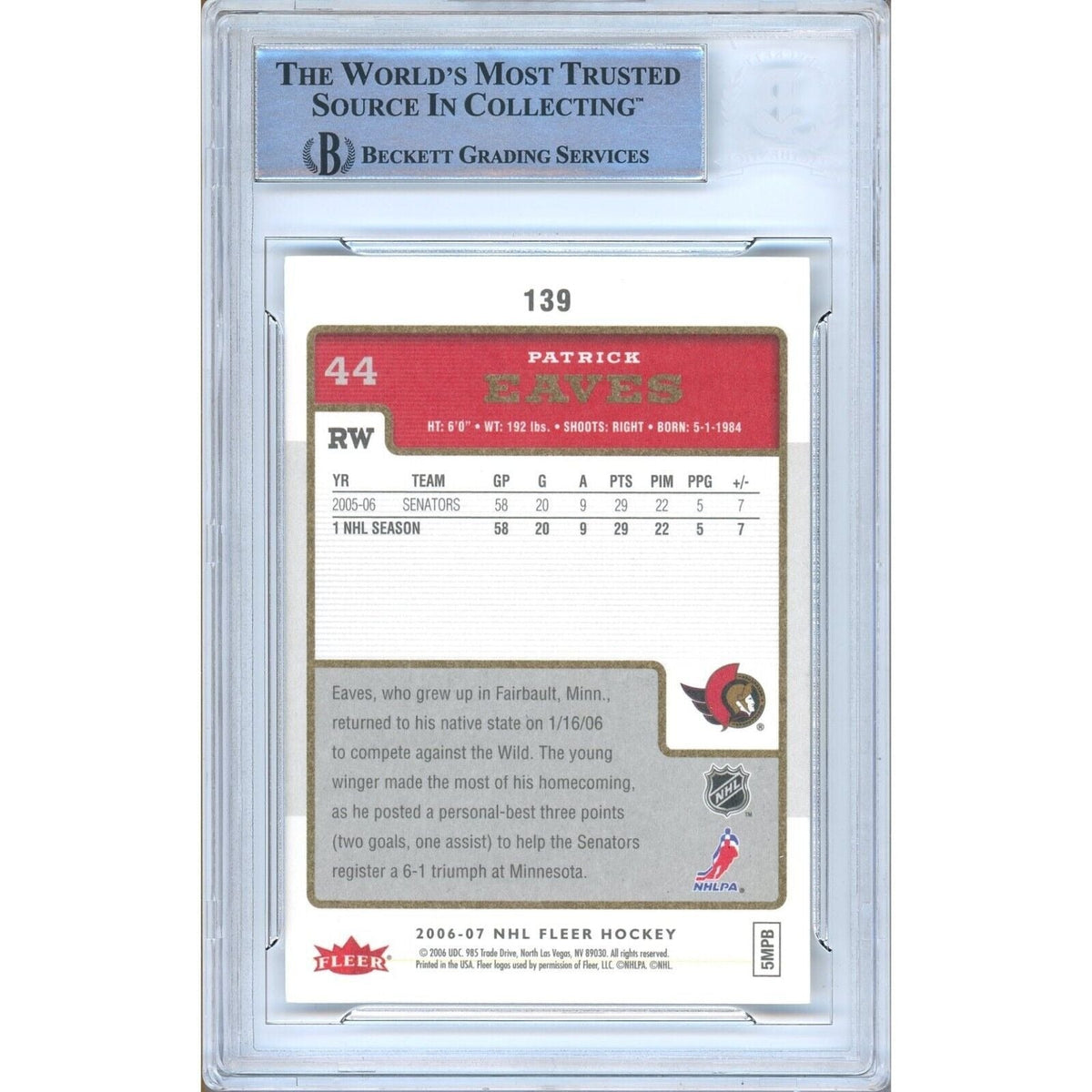 Patrick Eaves Ottawa Senators Signed Trading Card Beckett BAS