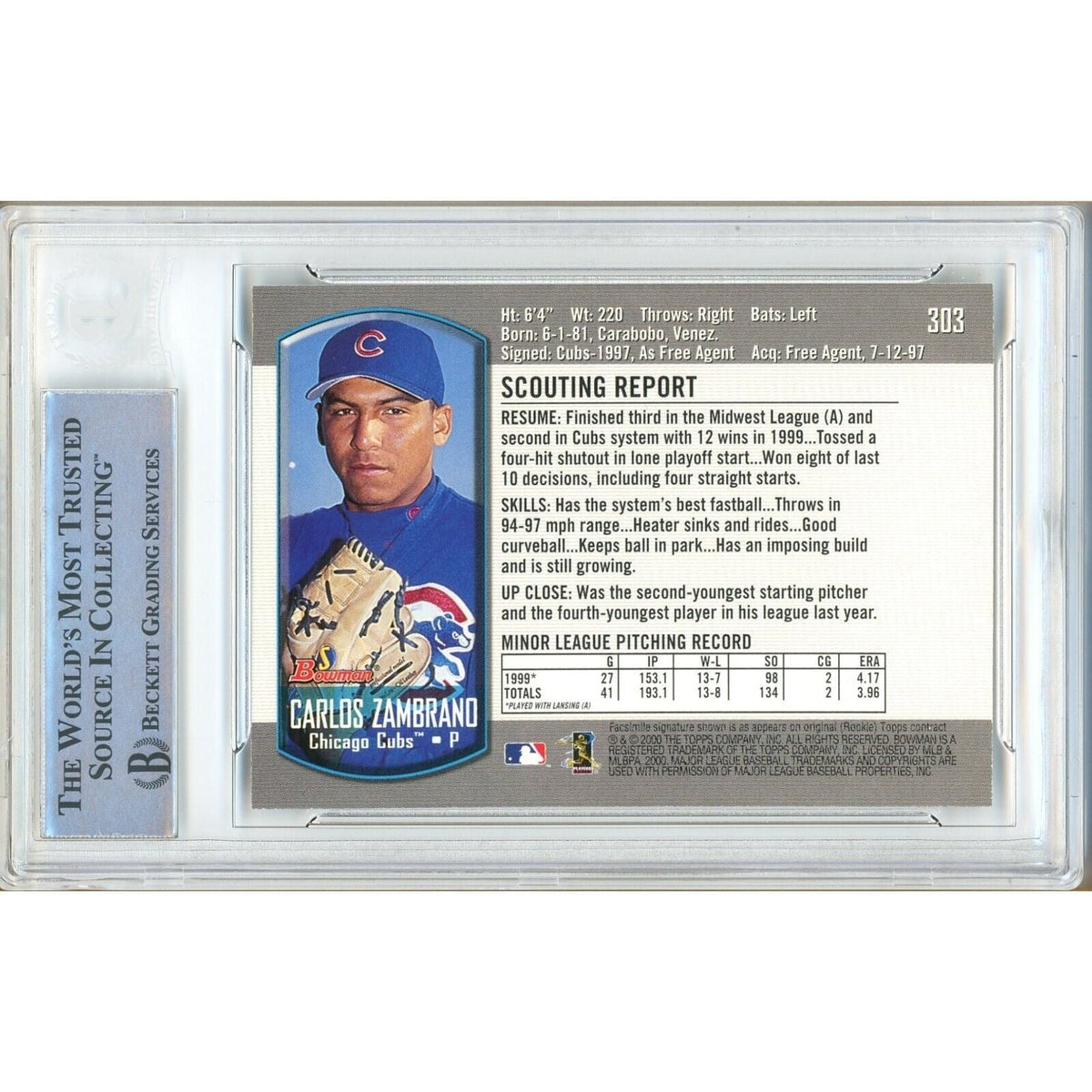 Carlos Zambrano Chicago Cubs Autographed Signed Trading Card Beckett BAS