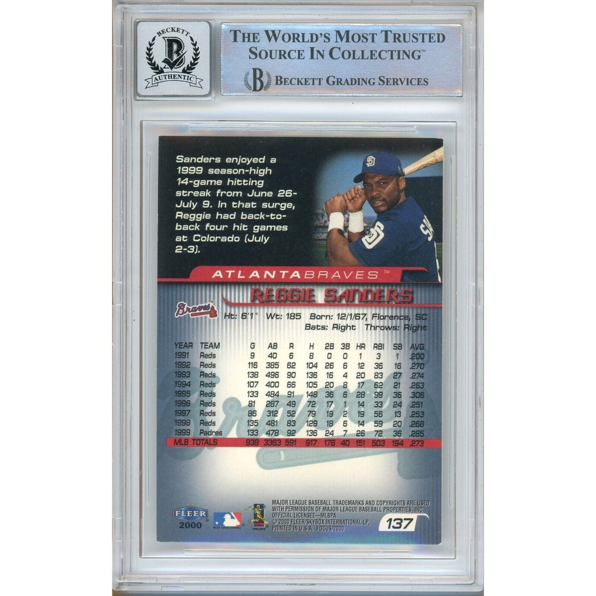 Reggie Sanders Atlanta Braves Signed Trading Card Beckett BGS