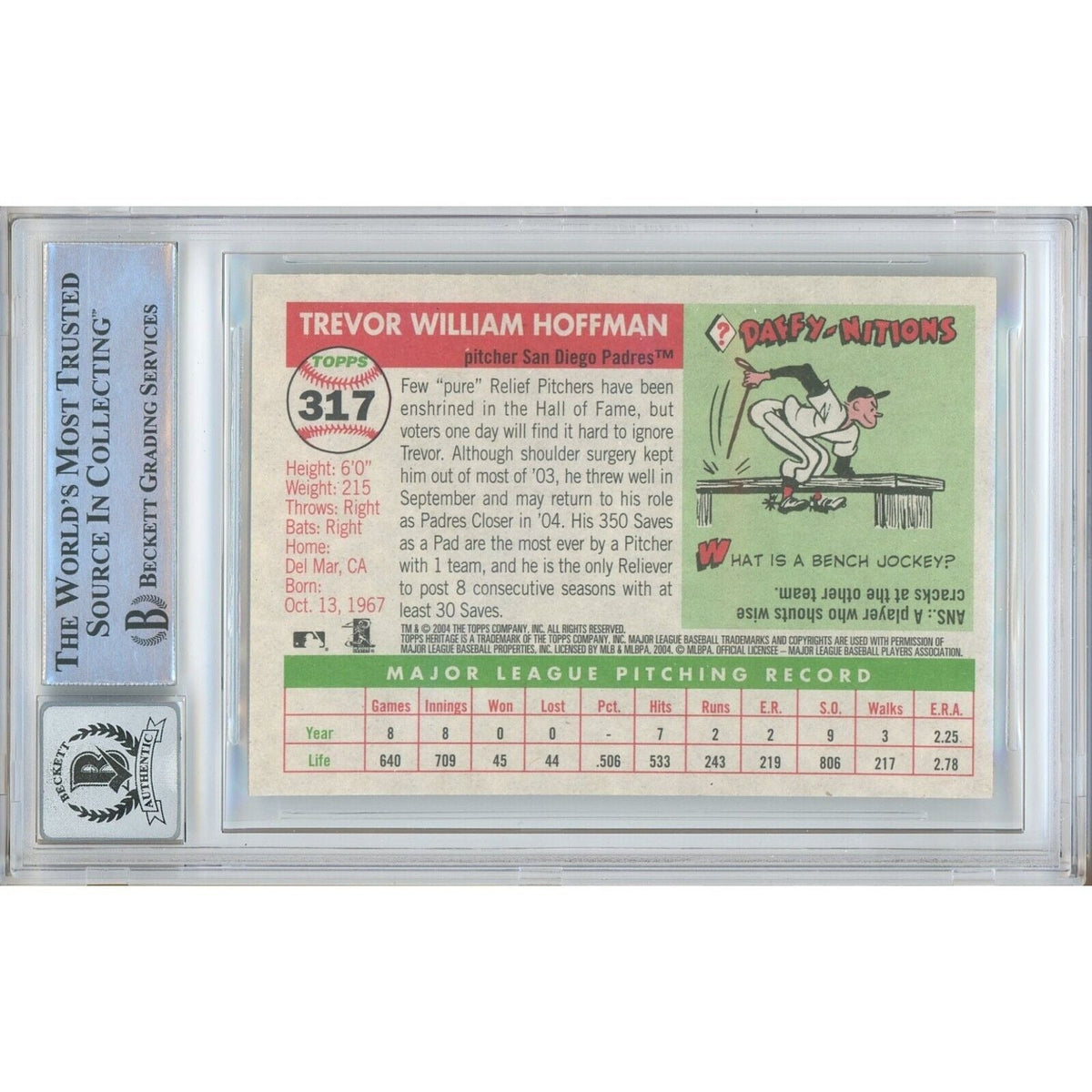 Trevor Hoffman San Diego Padres Autograph Trading Card Beckett BGS