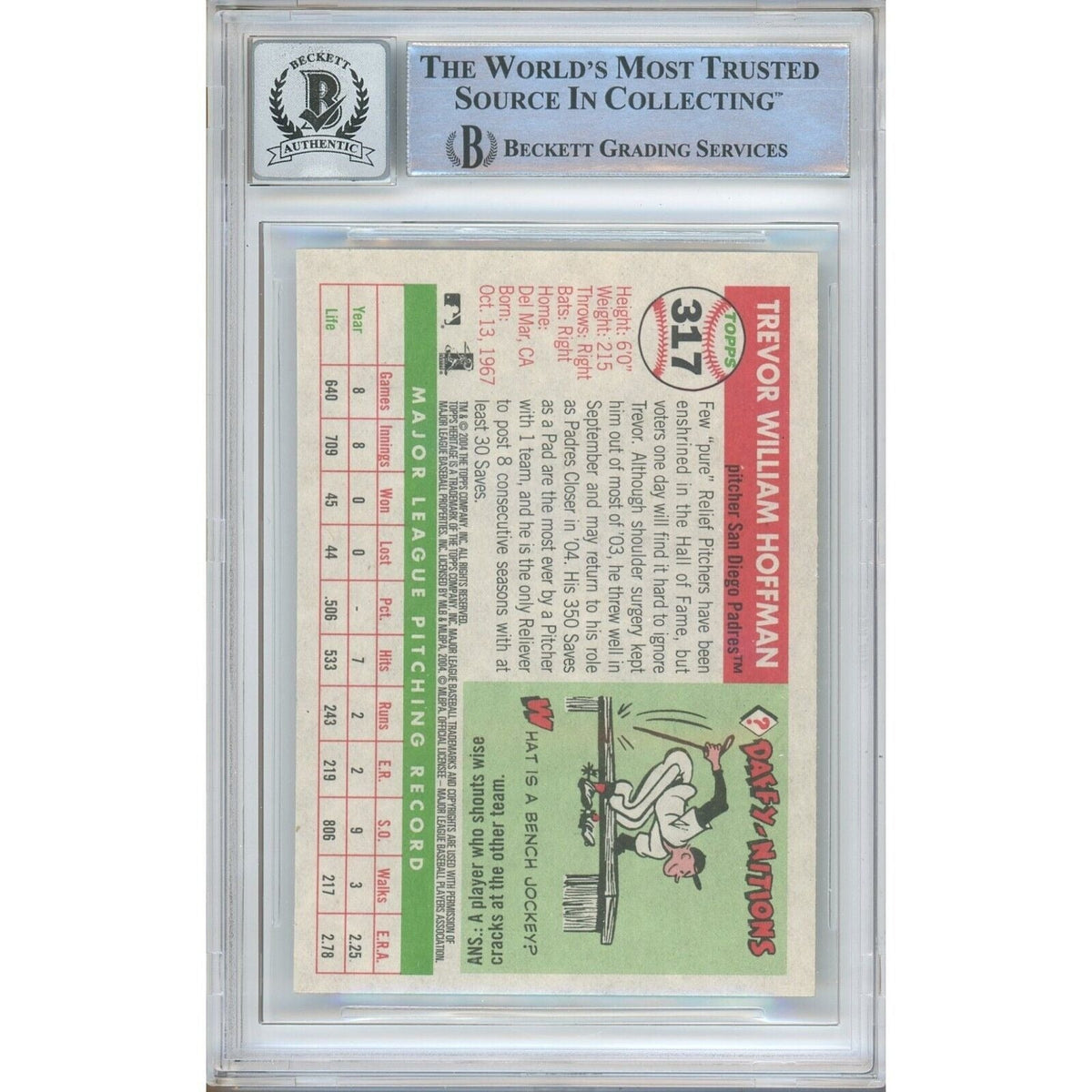Trevor Hoffman San Diego Padres Auto Trading Card Beckett BGS