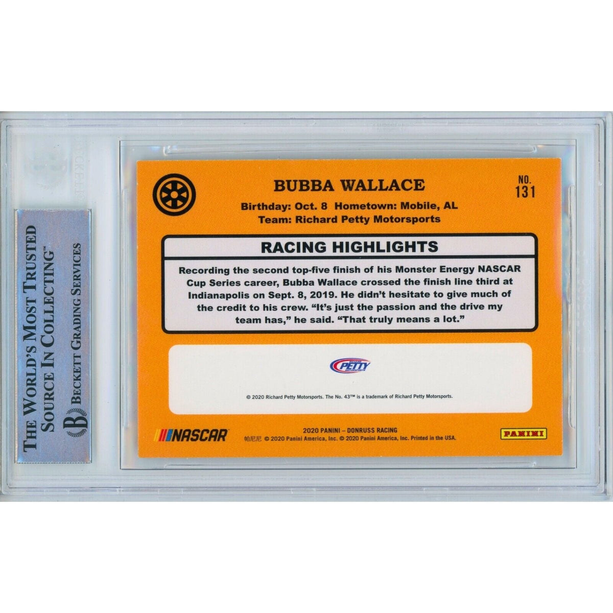 Bubba Wallace Donruss Retro Signed Trading Card Beckett BAS