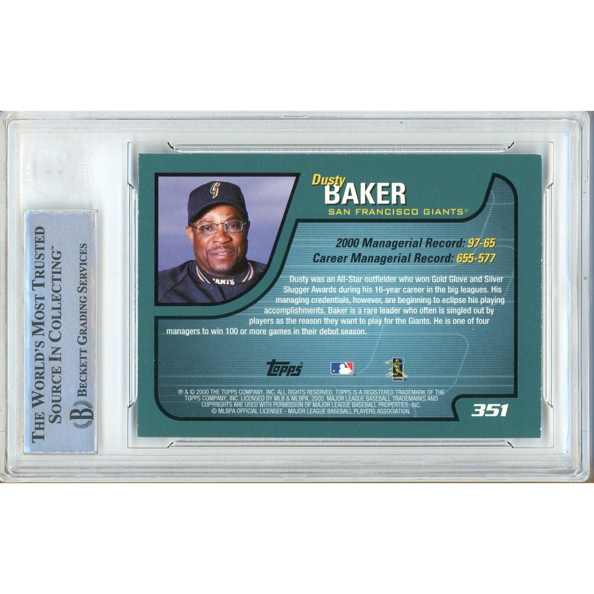 Dusty Baker San Francisco Giants Signed Trading Card Beckett BAS