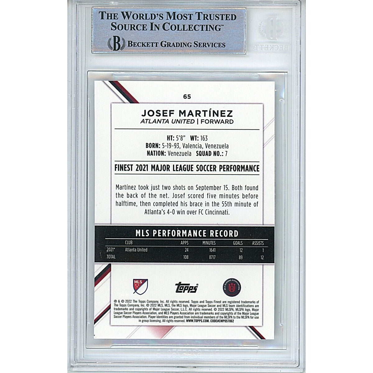 Josef Martinez Atlanta United Autographed Signed Trading Card Beckett BAS