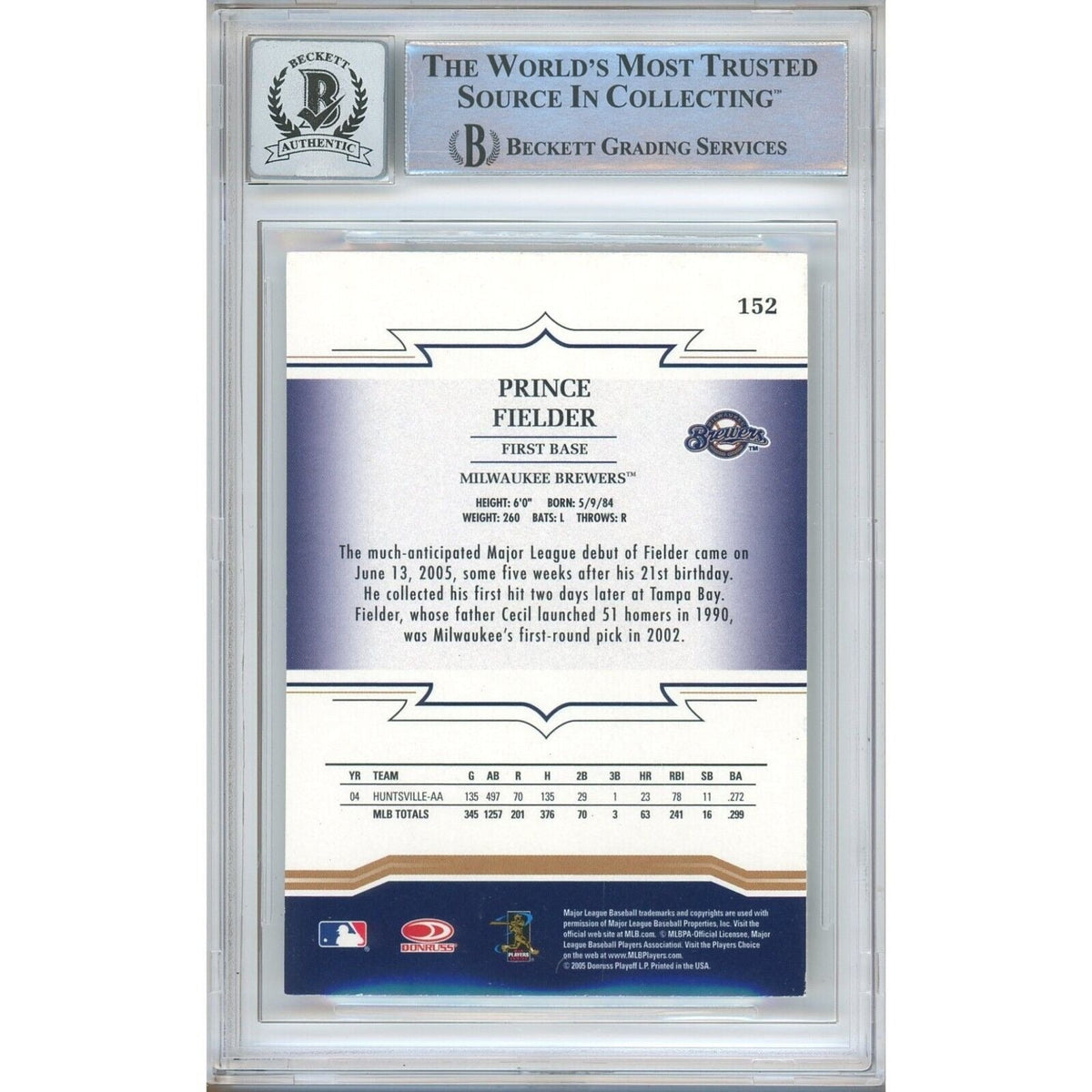 Prince Fielder Milwaukee Brewers Signed Trading Card Beckett BGS