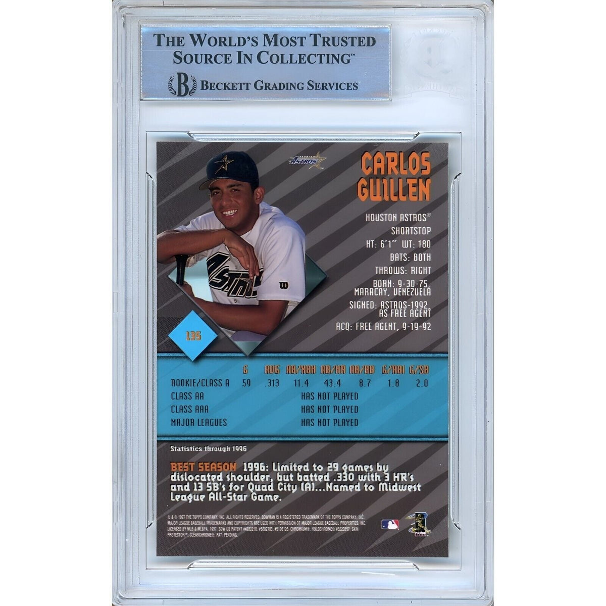 Carlos Guillen Bowman Best Signed Trading Card Beckett BAS