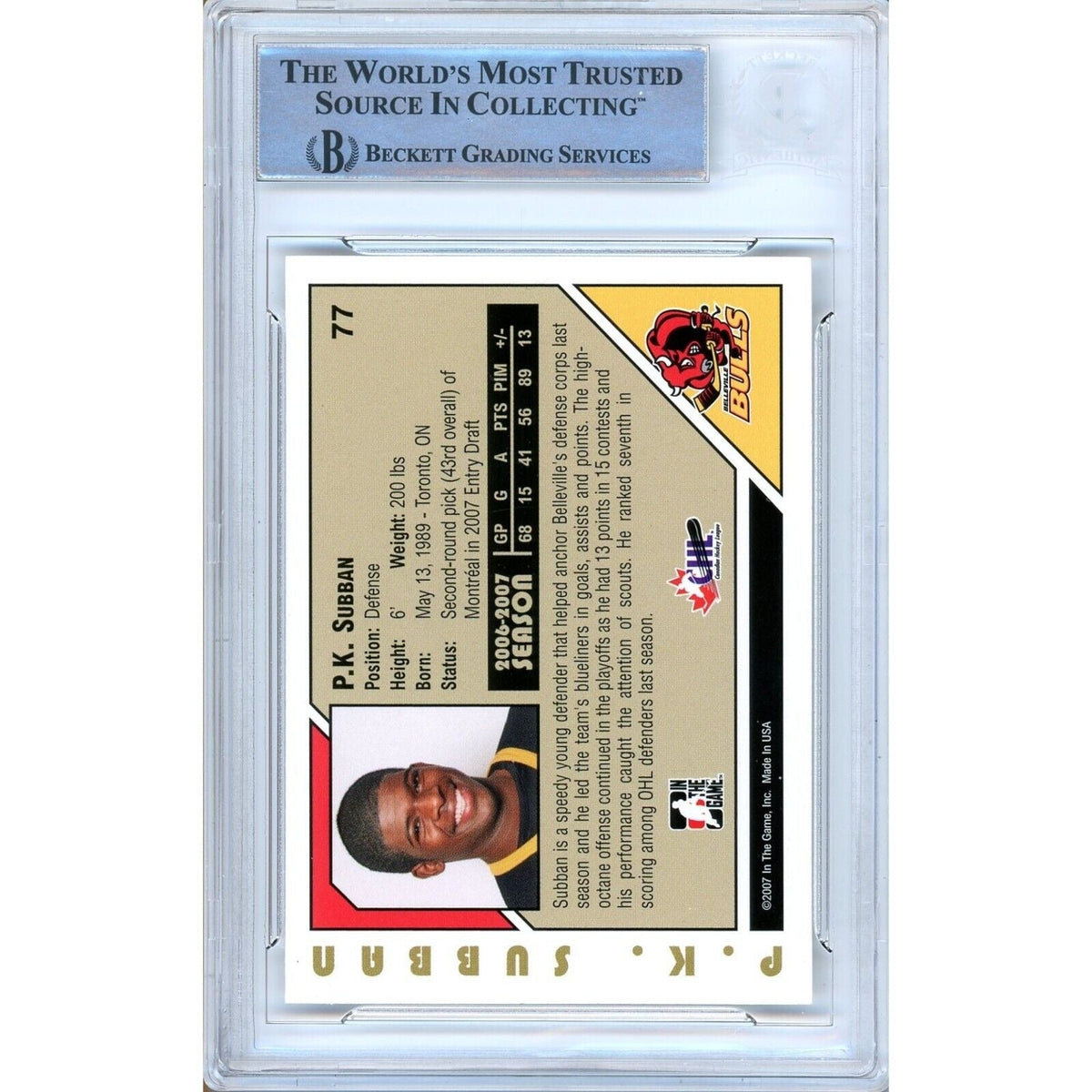 Subban Canadiens Signed Auto Trading Card Beckett BAS
