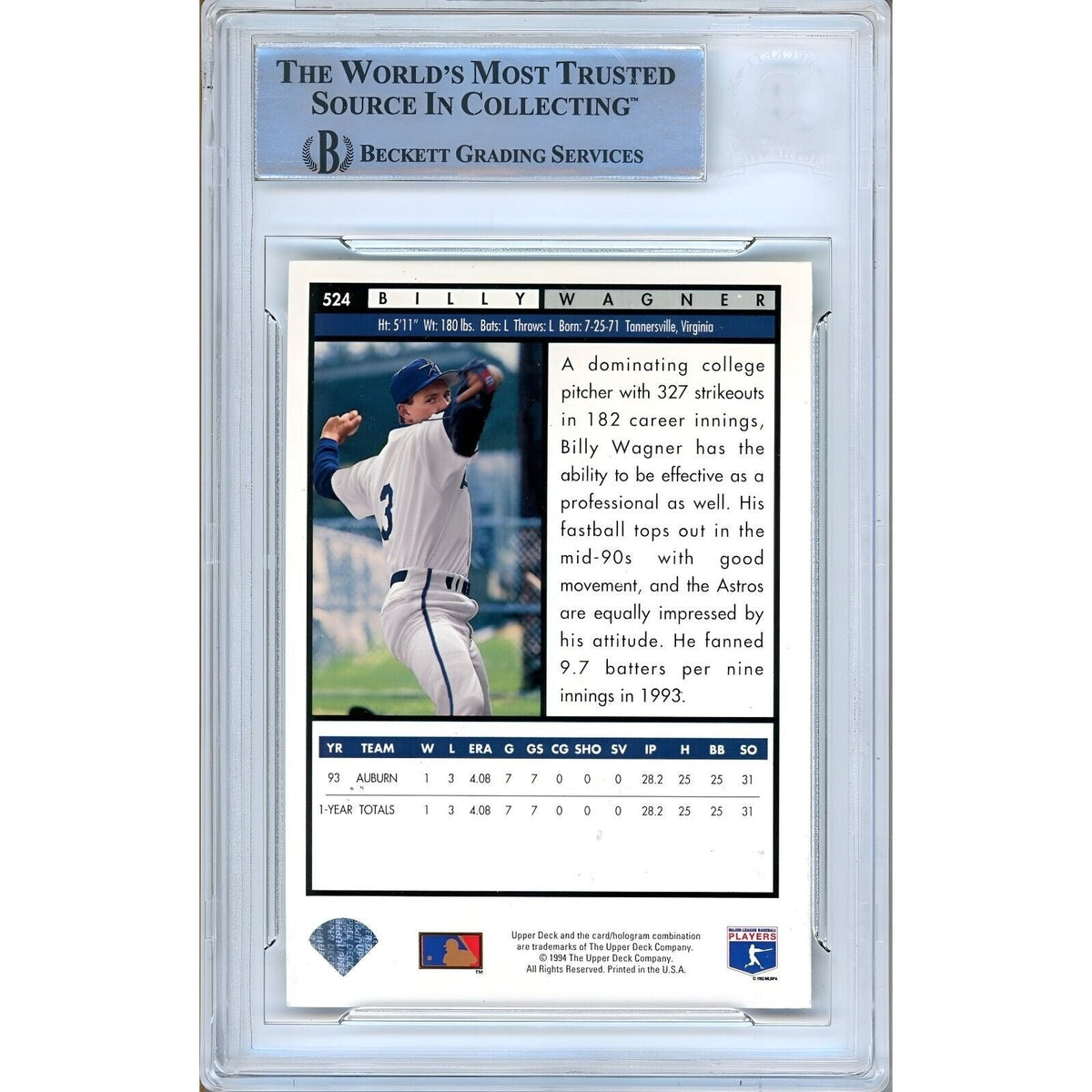 Billy Wagner Upper Deck Electric Diamond Signed Trading Card Beckett BAS
