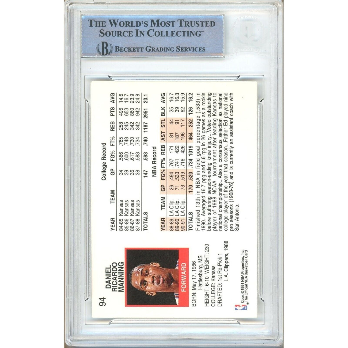 Danny Manning Los Angeles Clippers Autograph Trading Card Beckett BAS