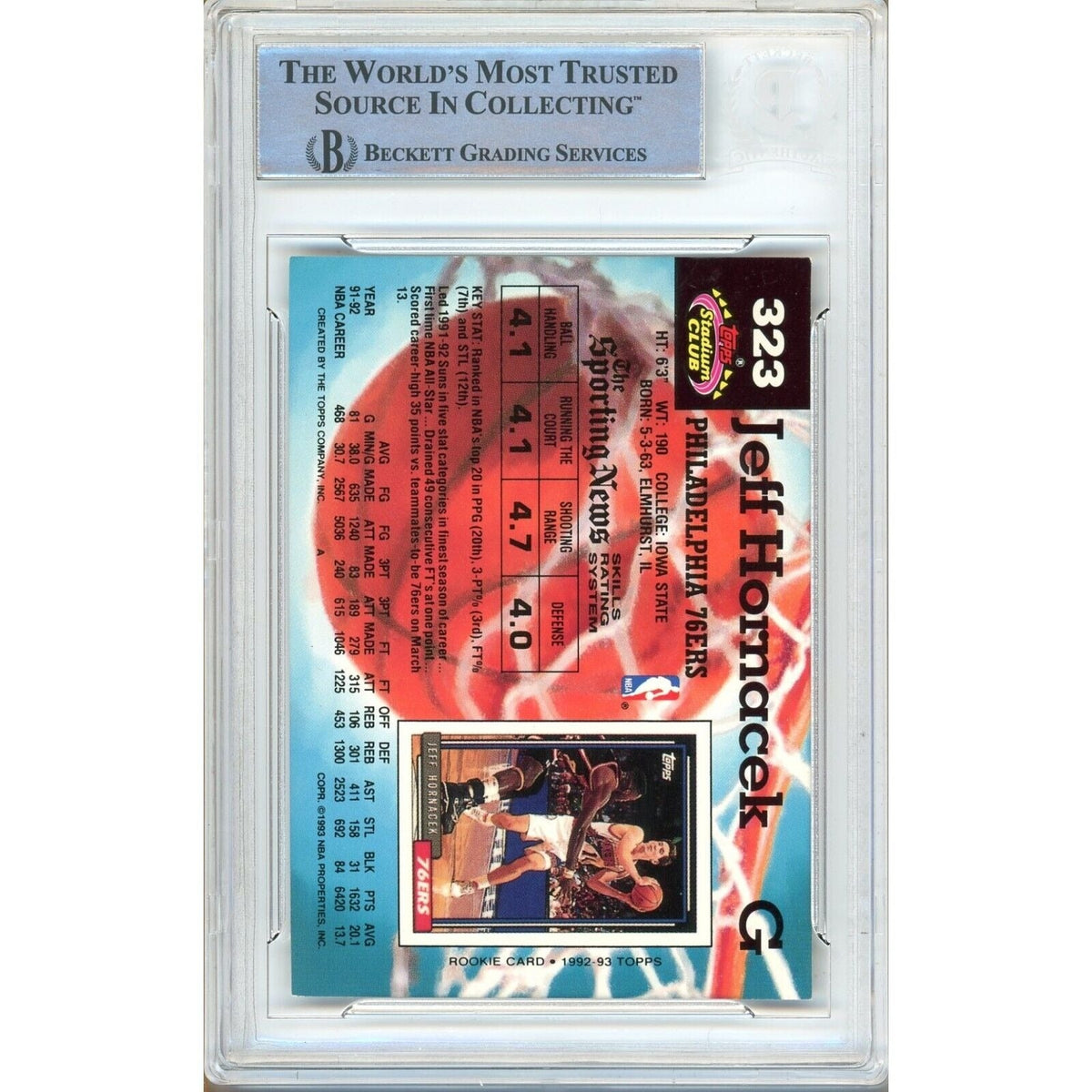 Jeff Hornacek Topps Stadium Club Autograph Trading Card Beckett BAS