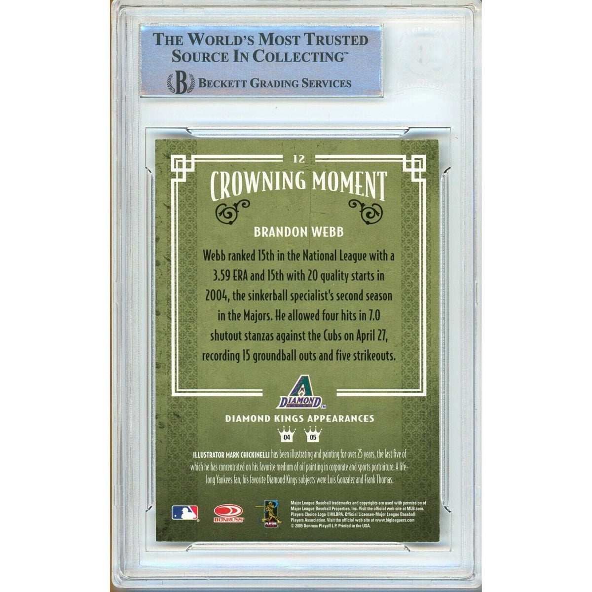Brandon Webb Donruss Diamond Kings Signed Trading Card Beckett BAS