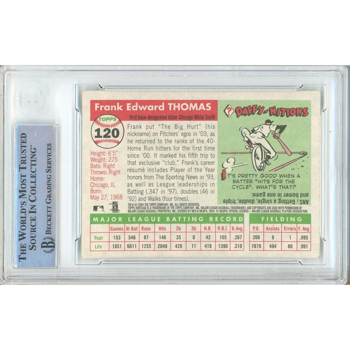Frank Thomas Topps Heritage Autograph Trading Card Beckett BAS