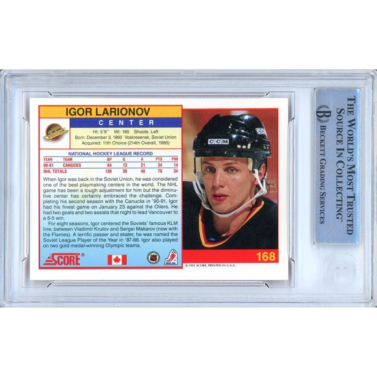Igor Larionov Vancouver Canucks Autographed Signed Trading Card Beckett BAS