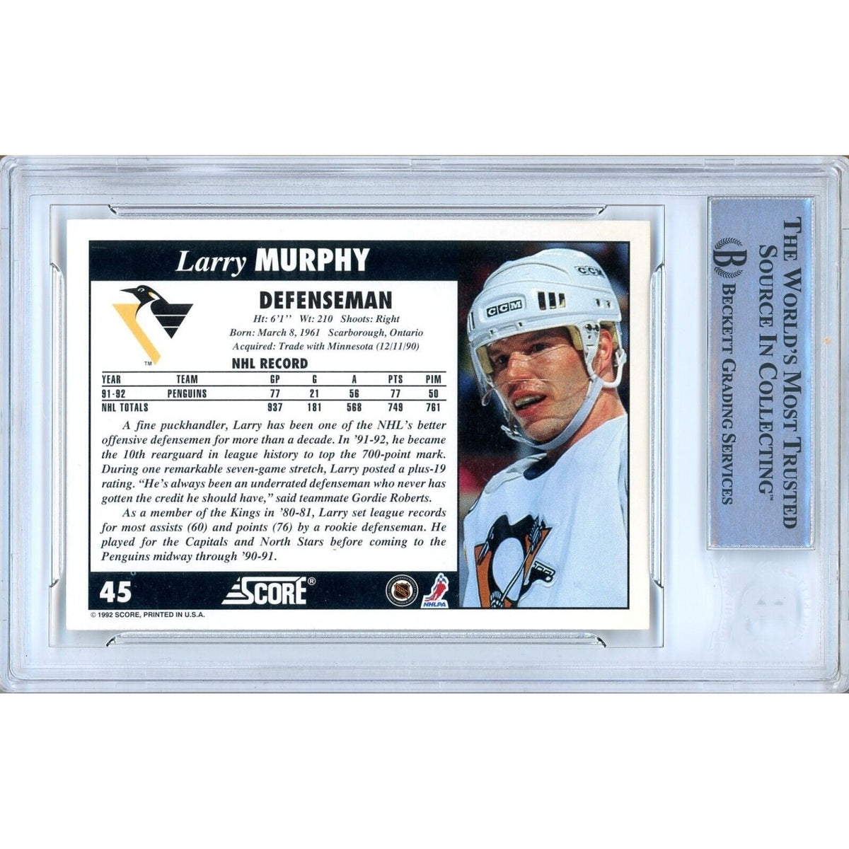 Larry Murphy Pittsburgh Penguins Autographed Signed Trading Card Beckett BAS