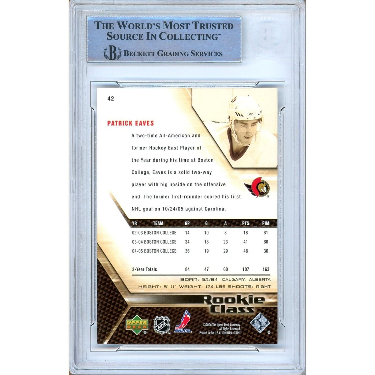Patrick Eaves Senators Signed Trading Card Beckett BAS