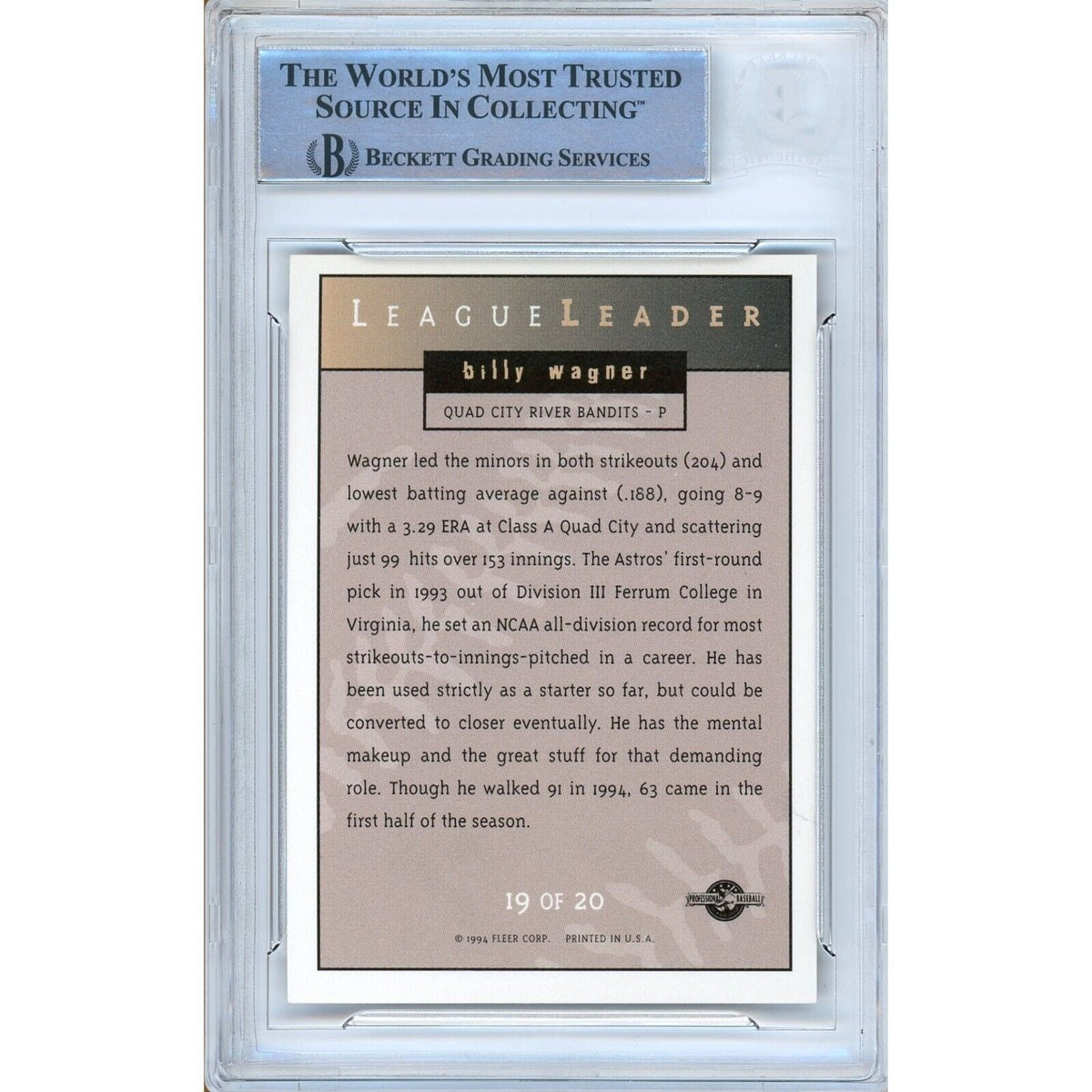 Billy Wagner Fleer Excel Signed Trading Card Beckett BAS