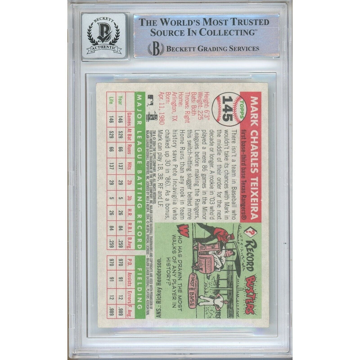 Mark Teixeira Texas Rangers Signed Auto Trading Card Beckett BGS